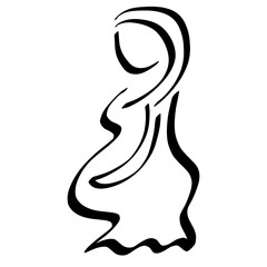 young pregnant woman in a dress, black outline on a white background