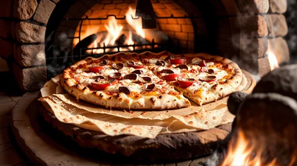 Foto op Plexiglas closeup of a slice of delicious cheese pizza in front of a stone oven, generative AI © Jenar