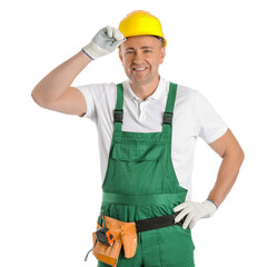 Mature carpenter in hardhat on white background