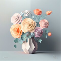 Bouquet, roses, pastel, 3D drawing, minimalism, luxury. Generative AI