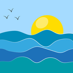 cartoon waves sun birds. Summer vacation. Travel background. Vector illustration.
