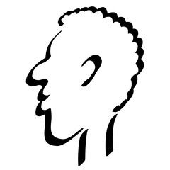young man with curly hair, with a slight smile, black outline on a white background