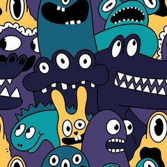 Obraz premium Cartoon monsters seamless emoticons aliens pattern for kids clothes print and wrapping paper and fabrics