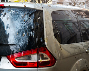 Dirty Parked Car Covered with Bird Excrement, Condition Threatening the Body Paint