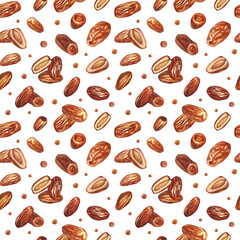 Watercolor dry date palm fruit seamless pattern. Hand-drawn illustration isolated on white background. Perfect for islamic celebration day ramadan kareem, eid al fitr adha, arabesque design.