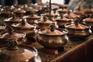 Close up of a wedding reception buffet with traditional Rajasthani food that was served in a copper chafing dish. At a wedding venue, a row of antique style dishes. Generative AI