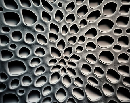 Abstract picture of a gray surface with a textured pattern. The surface with rounded holes of organic shape. Generative AI illustration.