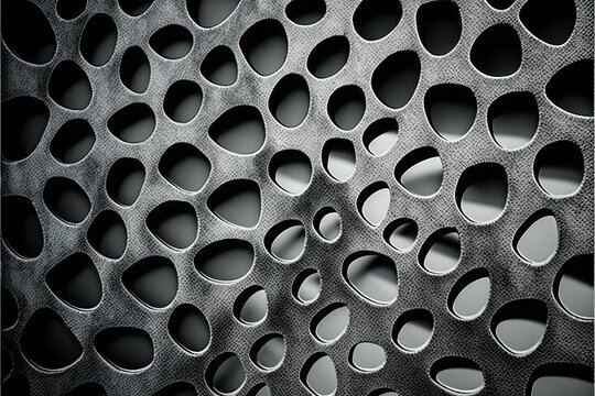 Abstract picture of a gray surface with a textured pattern. The surface with rounded holes of organic shape. Generative AI illustration.