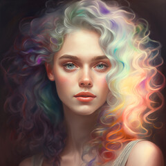 Portrait of a beautiful woman with curly, colorful hair. Generative AI.