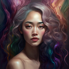 Portrait of a beautiful woman with curly, colorful hair. Generative AI.