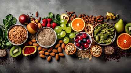 Healthy eating clean eating choices fruits, vegetables, seeds, superfoods, cereals, leafy vegetables on a gray concrete background. Top view. Generative AI.
