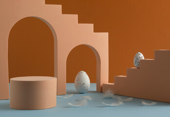Podium, stand for product presentation, white Easter egg and feathers on ocher background. Mockup...