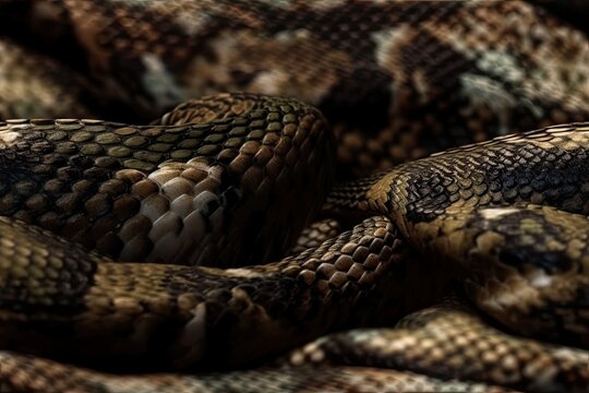detailed close-up view of a venomous snakes head with fangs visible. Generative AI