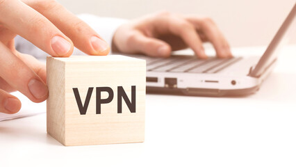 VPN text wooden block on white table background. Idea, strategy, advertising, marketing, keyword...