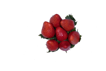 small pile of strawberries placed upright or upright with green leaves placed on a transparent background png with space for text