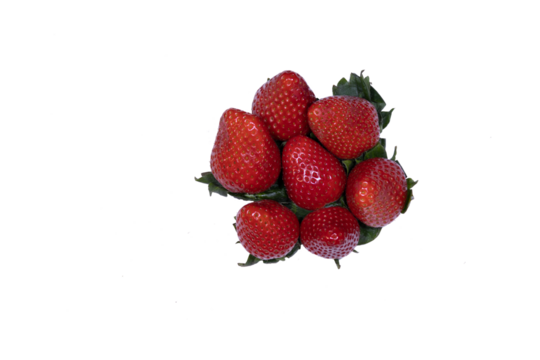 small pile of strawberries placed upright or upright with green leaves placed on a transparent background png with space for text