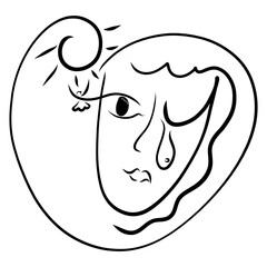 female face embodying nature, smile and sadness, colorful abstract symbol, black outline