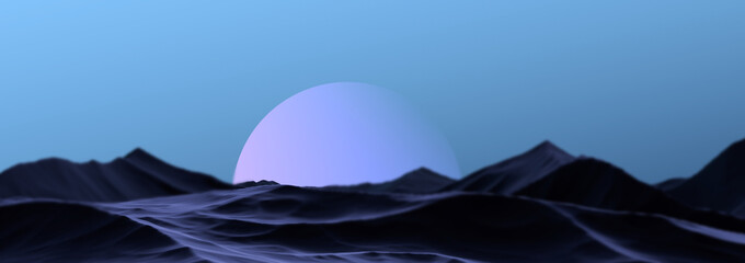 Landscape with a glowing planet on the horizon of mountains with blur. Futuristic abstract purple-blue landscape of mountains and planet.3D render.