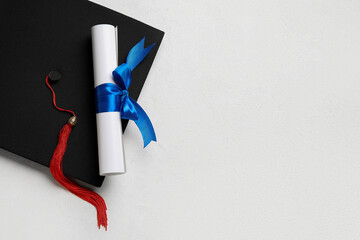 Diploma with blue ribbon and graduation hat on white table - Powered by Adobe