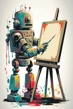 80's style illustration of a robot drawing art on an easel on a white background. Generative ai image.