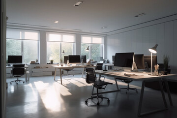 Modern open plan office with concrete, comfortable office interior. Generative AI