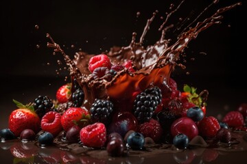 Explosion Chocolate liquid with raspberry, Strawberry, blueberry fruit generative AI