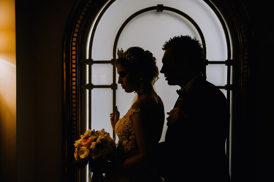 Wedding photography, silhouette, portrait of the newlyweds. A stylish groom and a beautiful bride with a diadem are hugging in the interior, a cafe against the background of a wall with lamps.