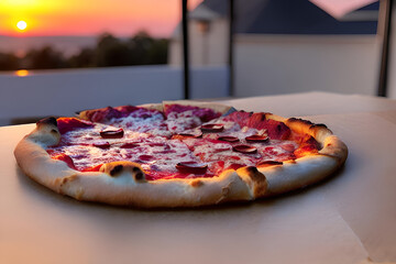Delicious pizza with beautiful sunset in the background.
