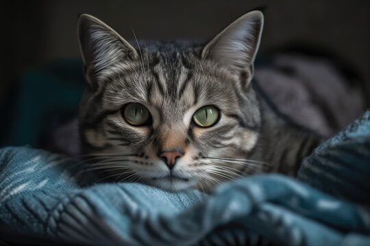 cozy blue blanket with a lovely grey tabby cat on it. Generative AI