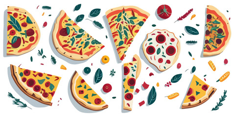 Delicious Mushroom Pizza on a White Plate, Flat Vector Illustration