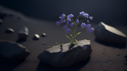 A beautiful flower bursting out of a crack in a stone, on a deserted earth, a cosmic sky. (Generative AI)