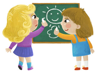 cartoon child kids girls pupils going to school learning solving tasks on the blackboard childhood illustration for kids