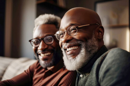 Portrait of mature Black brothers sitting on sofa together laughing.  Generative AI