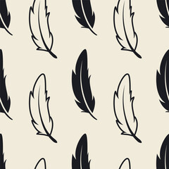 Vector Seamless Pattern with Different Black Fluffy Feather Silhouettes on White Background. Design Template of Flamingo, Angel, Bird Feathers for Wall Paper, Textile. Lightness, Freedom Concept