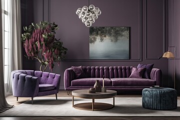 sofas in the living room are two. really on trend hue for 2022. Background of vacant, gray purple walls. contemporary interior decor. Generative AI