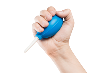 Hand holding blue enema, cut out