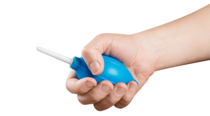 Hand holding blue enema, cut out