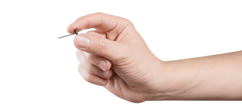Hand holding a small pin, cut out