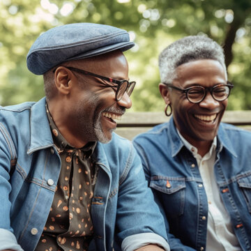 Mature Black man and non-binary person laughing together together on park bench outdoors. Generative AI. 