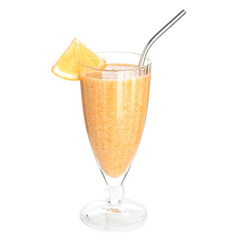 Glass of healthy orange smoothie isolated on white background