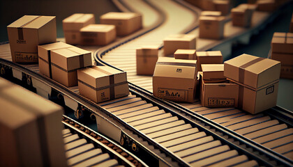Row of brown boxes on conveyor belt in a big warehouse, Cardboard boxes in logistics warehouse, Packed courier on production line against, Generative AI - obrazy, fototapety, plakaty