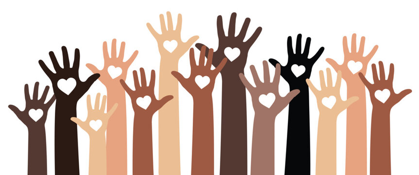 Many hands of different skin color and hearts shapes - diversity concept - vector illustration