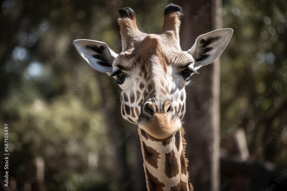 Poster a close up of a giraffe with an odd, amusing face. generative ai