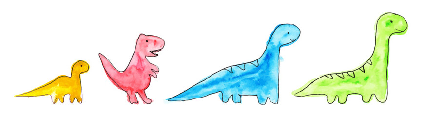 Colorful doodle dinosaur. Set of funny cartoon hand drawn dino. Hand painted watercolor illustration. Vector isolated on white background. © LuckyCase Production