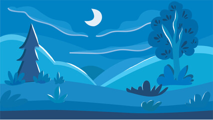 Landscape with moon and clouds. Forest scenery at night. Rural area forest with no people. vector illustration backgrounds.