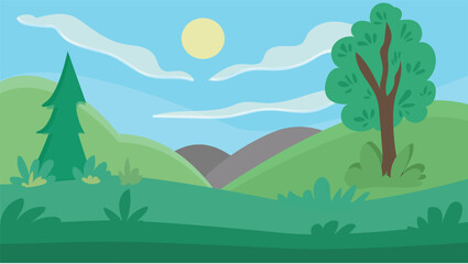 Fototapeta na wymiar The weather is sunny and warm. Flat nature landscape with meadow. illustration. Forest Background Vector.
