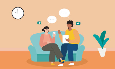 Two friend sitting on couch and discuss illustration. Friends sitting at home.