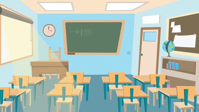 Empty Classroom Interior With Chalkboard Desks And School Supplies. School Desks Are Everywhere. Classroom With No People. Vector Illustration Backgrounds.