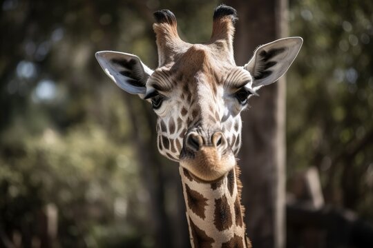 a close up of a giraffe with an odd, amusing face. Generative AI