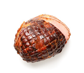 Tasty smoked ham isolated on white background